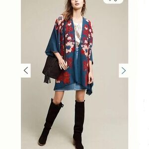 Anthropologie Folk Tale Embroidered Kimono duster‎ One Size boho art to wear